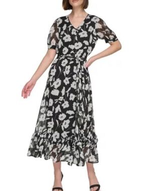 Calvin Klein Black and White Floral Wrap Midi Dress